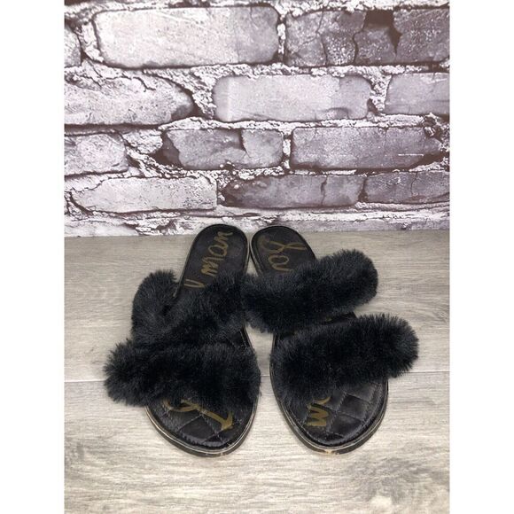 Sam Edelman Griselda Black Faux Fur Strap Slides Sandals Women’s Sz 9M US/39EU - Picture 2 of 15
